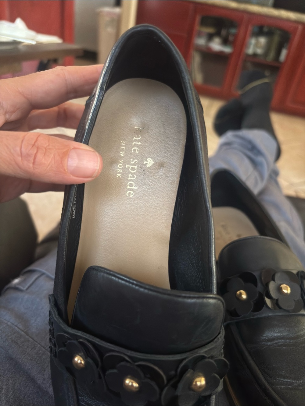 kate spade Black Leather Floral-Accent Loafers